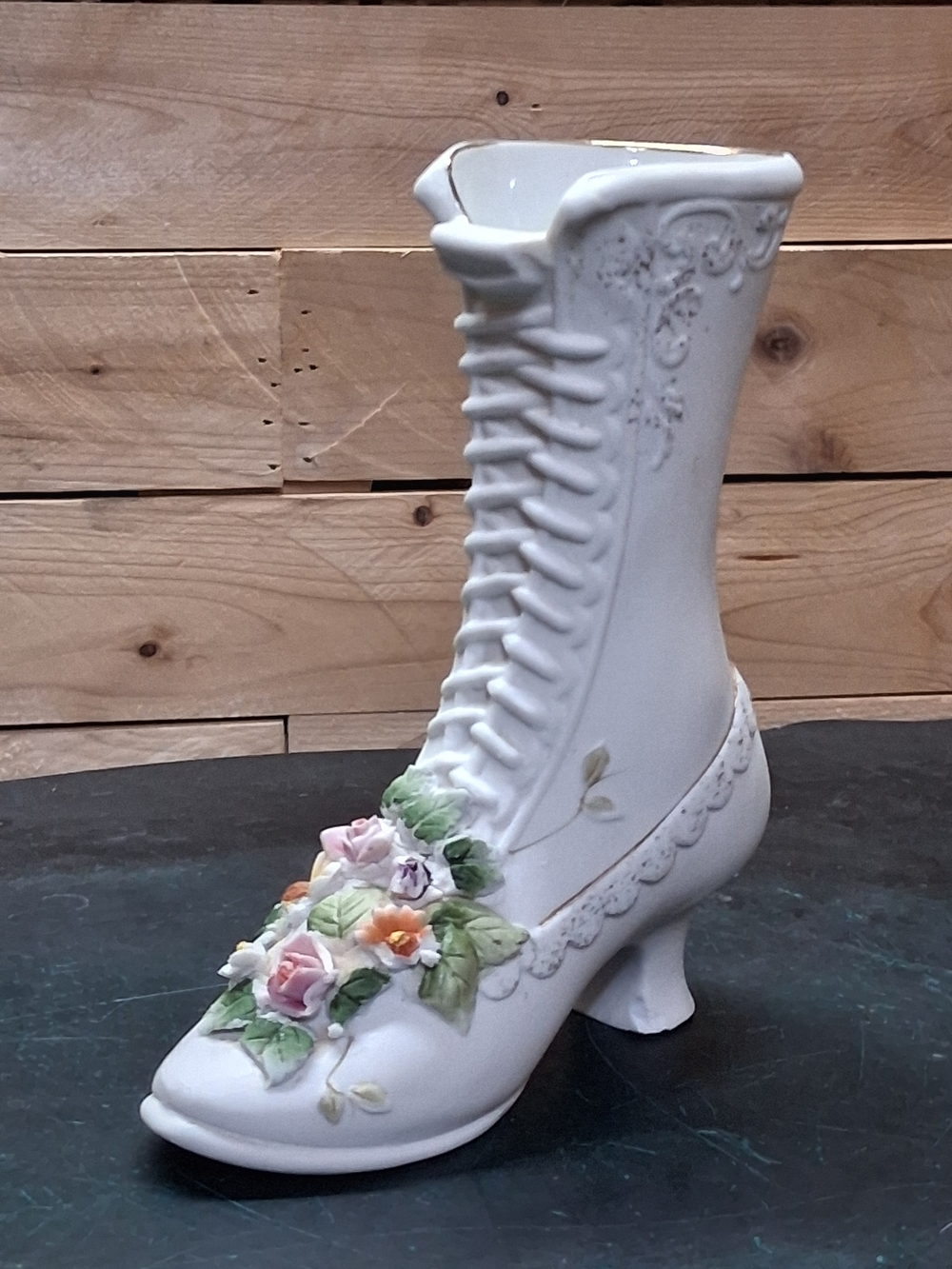 Lefton White Porcelain Victorian Boot Vase with Pastel Floral Accents